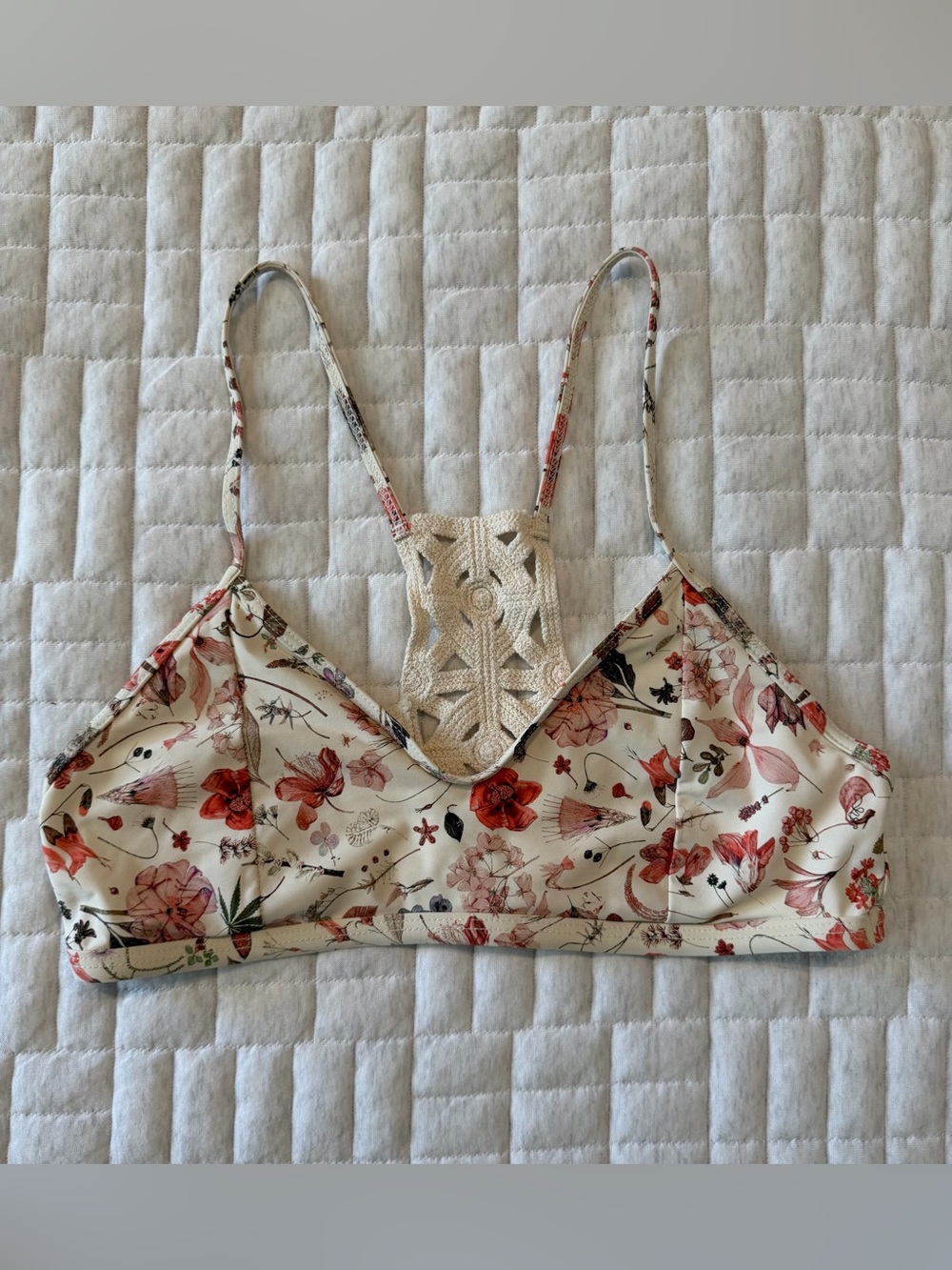 l*space Floral Crochet-Back Swim Top in Cream and Red